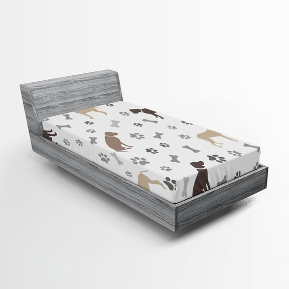Ambesonne Dog Lover Fitted Sheet, Paw Print and Bones, Twin Size, Umber Beige Grey