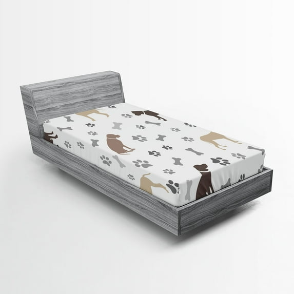 Ambesonne Dog Lover Fitted Sheet, Paw Print and Bones, Twin XL Size, Umber Beige Grey