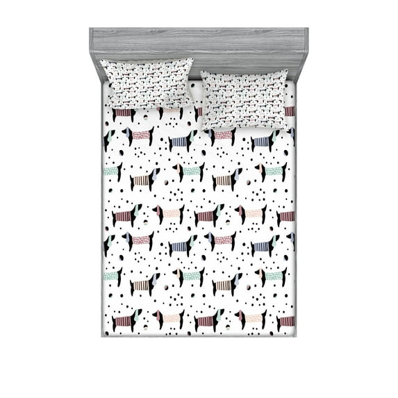 Ambesonne Dog Lover Fitted Sheet & Pillow Sham Set, Dachshund Puppies, Full, Multicolor