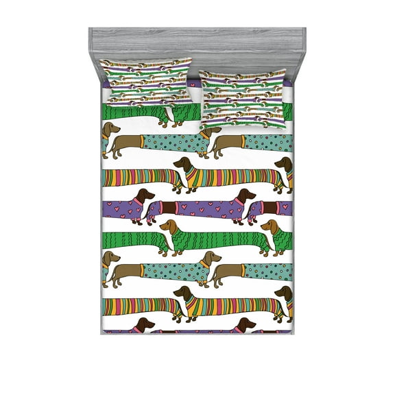 Ambesonne Dog Lover Fitted Sheet & Pillow Sham Set, Dachshunds in Clothes, King, Multicolor