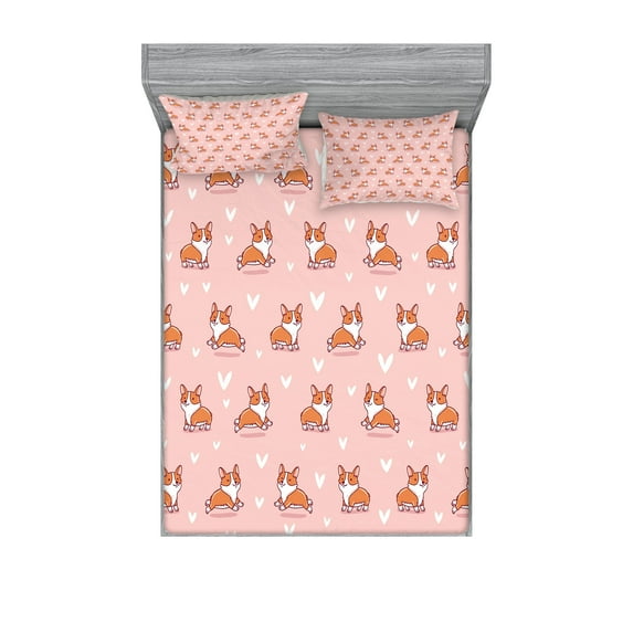 Ambesonne Dog Lover Fitted Sheet & Pillow Sham Set, Little Corgis, Full, Coral Orange White