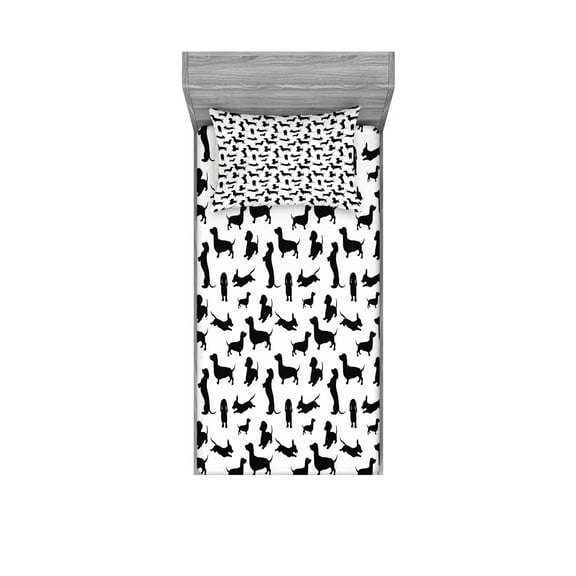 Ambesonne Dog Lover Fitted Sheet & Pillow Sham Set, Monochorme Canine, Twinxl, Black White