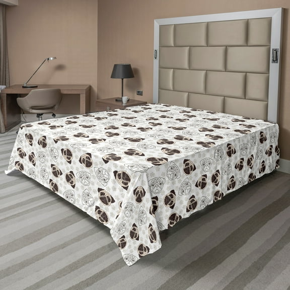 Ambesonne Dog Lover Flat Sheet, Pug Portraits Traces, California King, Beige Brown Tan