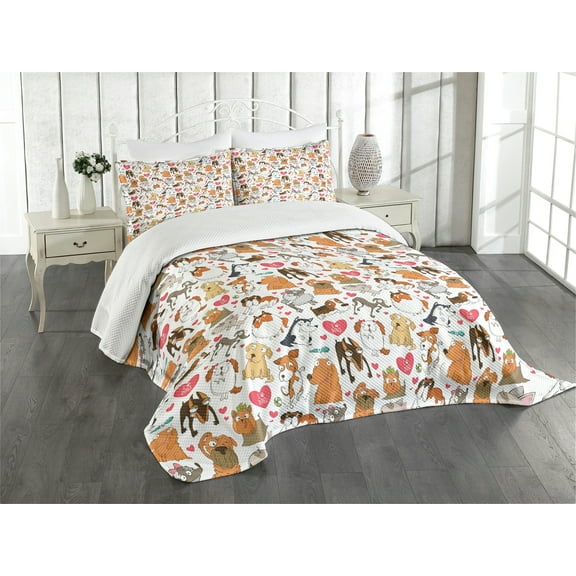 Ambesonne Dog Lover Quilted Bedspread Set 3 Pcs, Bullterrier with Doberman, King Size, Multicolor