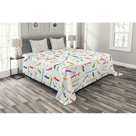 Ambesonne Dog Lover Quilted Bedspread Set 3 Pcs, Cartoon Dachshund, King Size, Multicolor