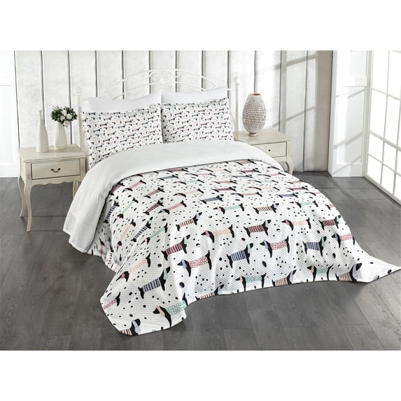 Ambesonne Dog Lover Quilted Bedspread Set 3 Pcs, Dachshund Puppies, Queen Size, Multicolor