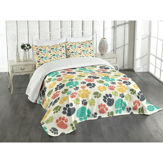 Ambesonne Dog Lover Quilted Bedspread Set 3 Pcs, Hand Drawn Paws, King Size, Multicolor