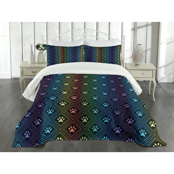 Ambesonne Dog Lover Quilted Bedspread Set 3 Pcs, Paw Print Design, King Size, Multicolor