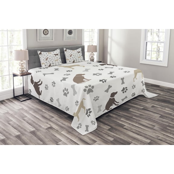 Ambesonne Dog Lover Quilted Bedspread Set 3 Pcs, Paw Print and Bones, Queen Size, Umber Beige Grey
