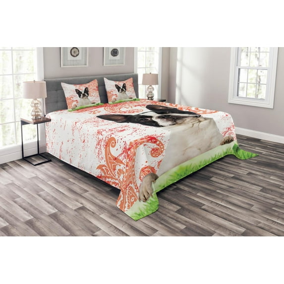 Ambesonne Dog Lover Quilted Bedspread Set 3 Pcs, Pet Animal on Swirls, Queen Size, Multicolor