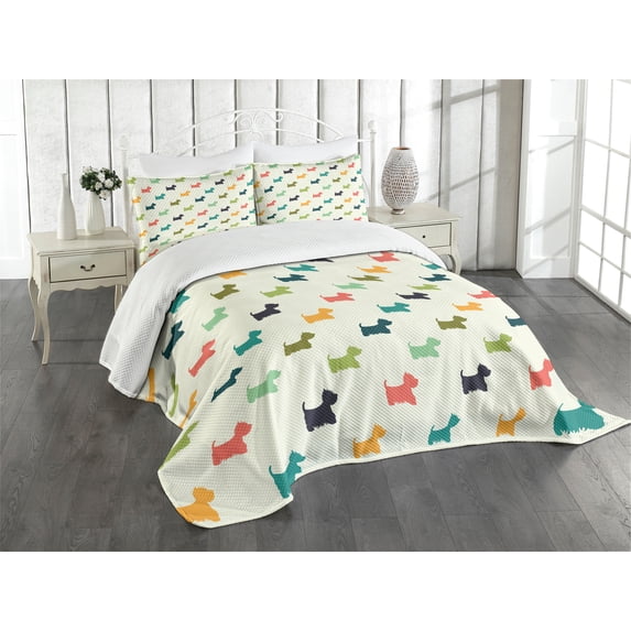 Ambesonne Dog Lover Quilted Bedspread Set 3 Pcs, Polka Dot Terriers, King Size, Multicolor