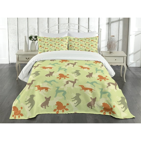 Ambesonne Dog Lover Quilted Bedspread Set 3 Pcs, Pure Breed Animals, Queen Size, Multicolor