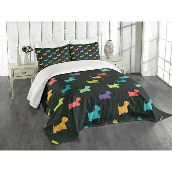 Ambesonne Dog Lover Quilted Bedspread Set 3 Pcs, Terrier Silhouettes, Queen Size, Multicolor