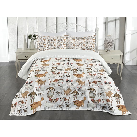 Ambesonne Dog Lover Quilted Bedspread Set 3 Pcs, Various Domestic Animals, Queen Size, Multicolor