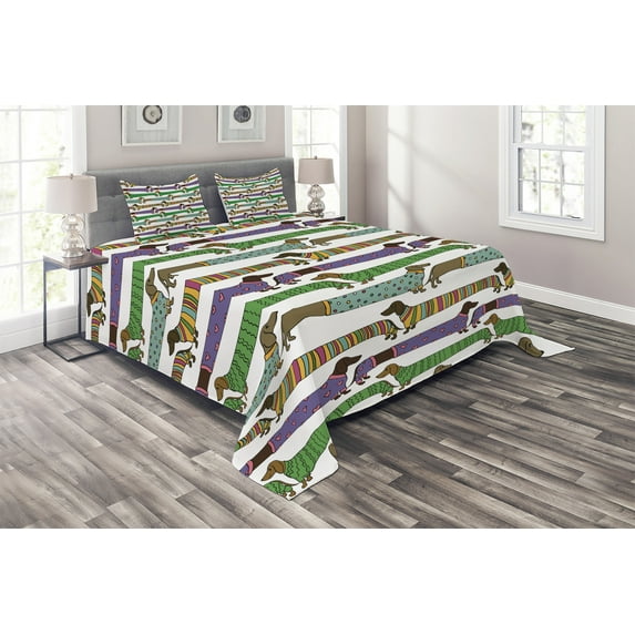 Ambesonne Dog Lover Quilted Coverlet 3 Pcs, Dachshunds in Clothes, King Size, Multicolor
