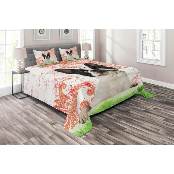 Ambesonne Dog Lover Quilted Coverlet 3 Pcs, Pet Animal on Swirls, Queen Size, Multicolor