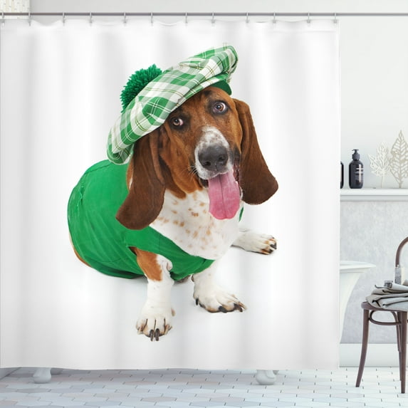 Ambesonne Dog Lover Shower Curtain, Funny Irish Puppy in Hat, 69"Wx70"L, Fern Green Brown White