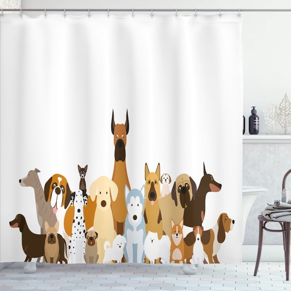 Ambesonne Dog Lover Shower Curtain, Funny Pet Breeds Cartoon, 69"Wx84"L, Multicolor
