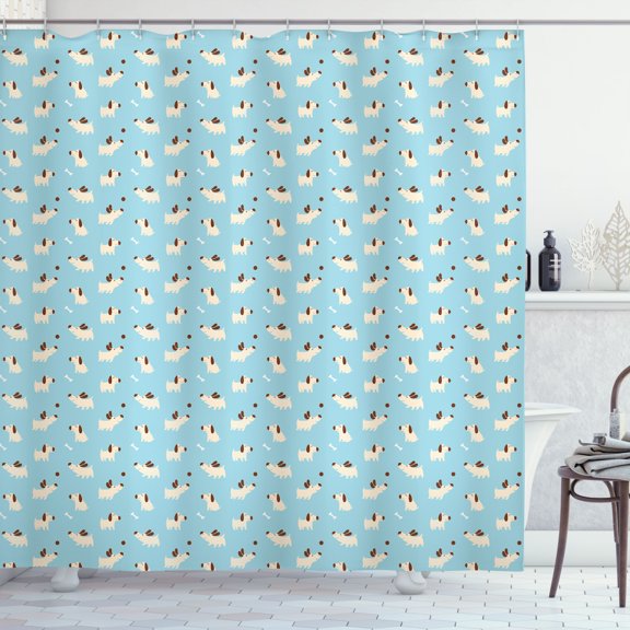 Ambesonne Dog Lover Shower Curtain, Playful Puppy Cartoon, 69"Wx70"L, Pale Blue Redwood