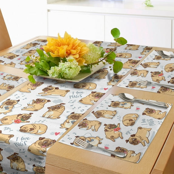 Ambesonne Dog Lover Table Runner & Placemats, Funny Cartoon Humor Pugs, Placemat 4 pcs + Runner 14"x90", Pastel Brown Blue Grey
