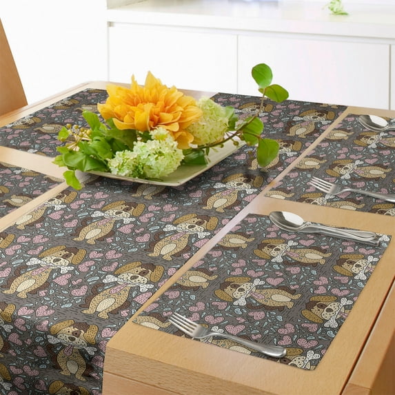 Ambesonne Dog Lover Table Runner & Placemats, Puppy with Bone Hearts, Placemat 4 pcs + Runner 12"x90", Taupe Multicolor