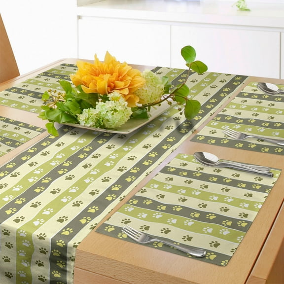 Ambesonne Dog Lover Table Runner & Placemats, Vertical Foot Print, Placemat 4 pcs + Runner 16"x72", Yellow Green Pale Yellow