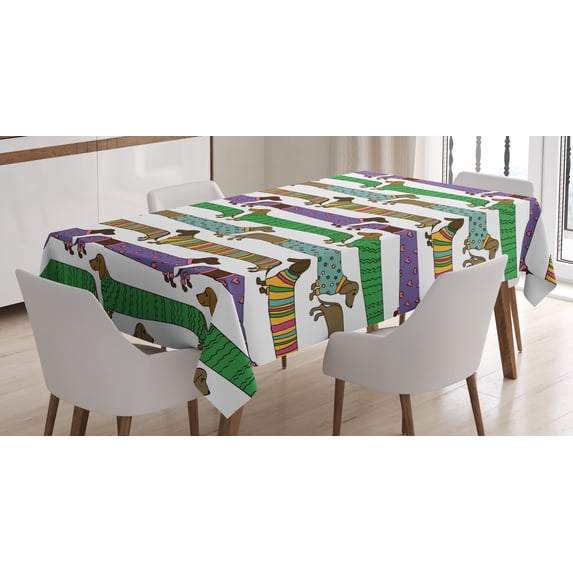 Ambesonne Dog Lover Tablecloth Rectangular Table Cover, Dachshunds in Clothes, 52"x70", Multicolor