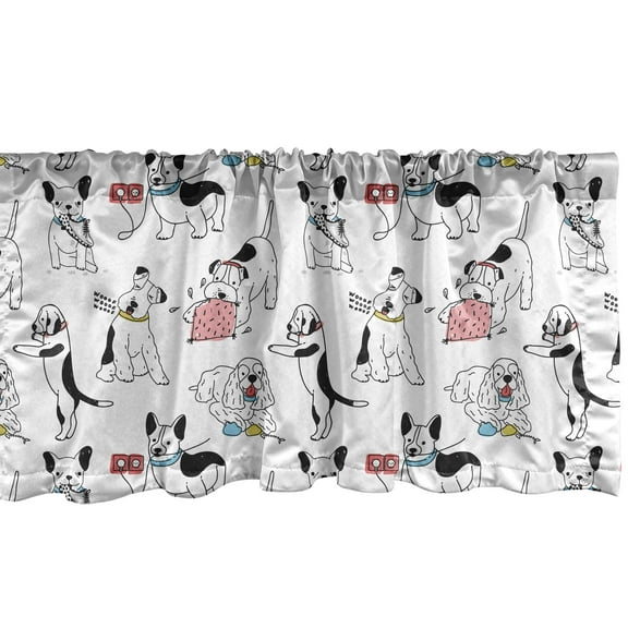 Ambesonne Dog Lover Window Valance, Funny Playful Puppies, 54" X 12", Dark Purple Multicolor