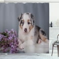 thumbnail image 1 of Ambesonne Dog Lovers Shower Curtain, Puppy with Lilac Flowers, 69"Wx70"L, Pale Chocolate and Violet, 1 of 4
