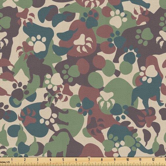Ambesonne Dog Paw Fabric by the Yard Upholstery, Camouflage Art Animal Feet, 1 Yard, Beige Green and Rust