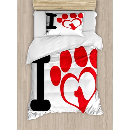 Ambesonne Dog Paws Duvet Cover Sets, I Love Claw Shaped Heart, 2-Twin, Dark Coral and Charcoal Grey