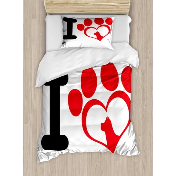 Ambesonne Dog Paws Duvet Cover Sets, I Love Claw Shaped Heart, 2-Twin, Dark Coral and Charcoal Grey