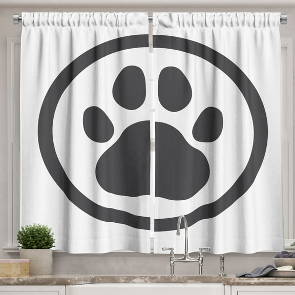 Ambesonne Dog Paws Kitchen Curtains, Logo of a Pet Foot, 55"x30", Dark Grey and White