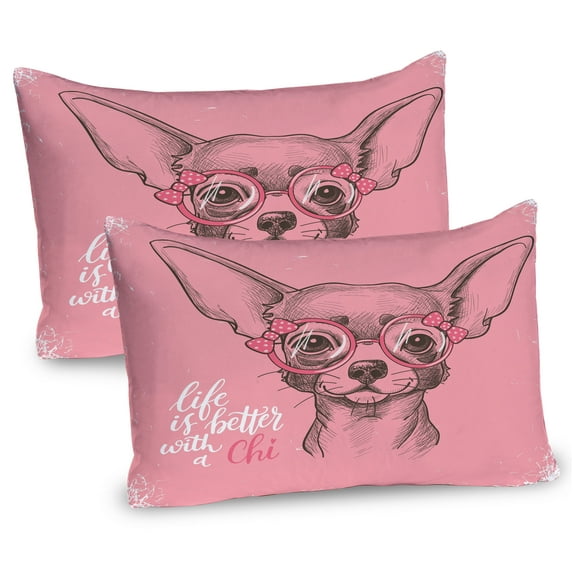 Ambesonne Dog Pillow Sham 2 Pack, Girl Chihuahua Sketch Words, 36"x20", Pale Pink Army Green