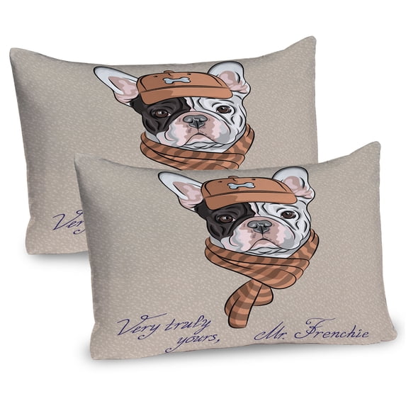 Ambesonne Dog Pillow Sham 2 Pack, Hipster Bulldog with Cap Scarf, 26"x20", Tan and Brown