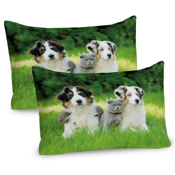 Ambesonne Dog Pillow Sham 2 Pack, Puppy Family in Garden, 26"x20", Cream Grey Fern Green