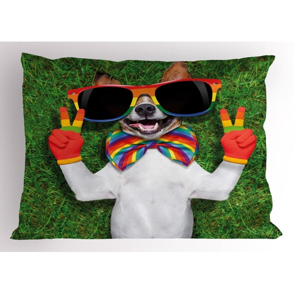 Ambesonne Dog Pillow Sham, Gay Dog Peace Sign Pride, 36" X 20", Multicolor
