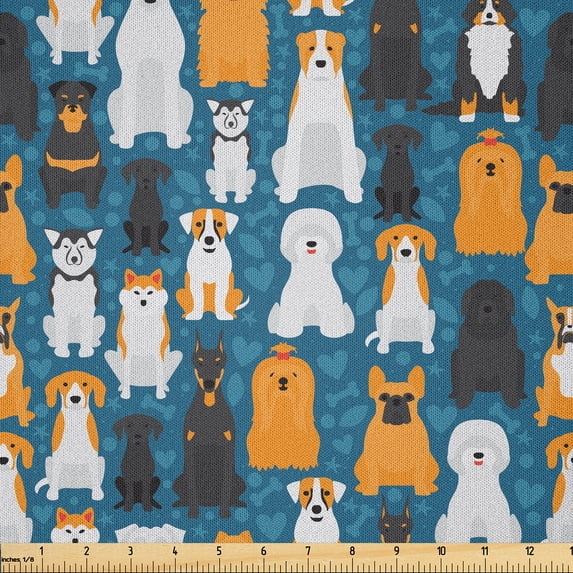 Ambesonne Dog Print Fabric by the Yard Microfiber, Animal Puppy Pet Pattern, 5 Yards, Marigold Soft Blue Black