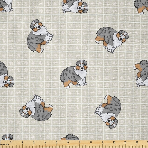 Ambesonne Dog Print Fabric by the Yard Microfiber, Australian Puppy Shepherd, 1 Yard, Eggshell Grey Pale Brown