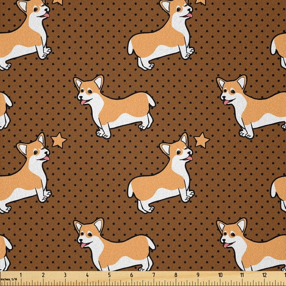 Ambesonne Dog Print Fabric by the Yard Microfiber, Cartoon Welsh Corgi Art, 1 Yard, Caramel Apricot