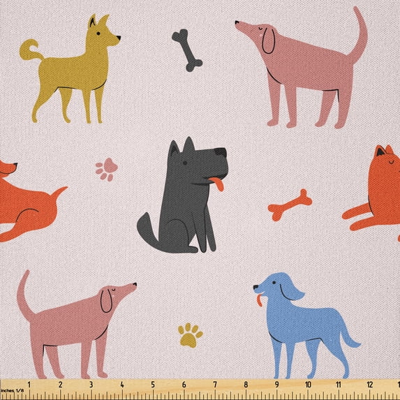 Ambesonne Dog Print Fabric by the Yard Microfiber, Pets Bones Paws Drawing, 10 Yards, Blue Vermilion Yellow