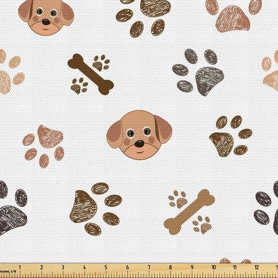 Ambesonne Dog Print Fabric by the Yard Upholstery, Animal Faces Paws Pattern, 3 Yards, Sand Brown and Dark Rust