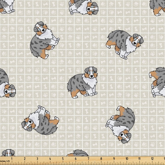 Ambesonne Dog Print Fabric by the Yard Upholstery, Australian Puppy Shepherd, 2 Yards, Eggshell Grey Pale Brown