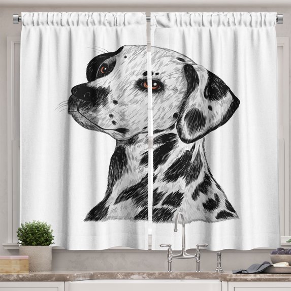 Ambesonne Dog Print Kitchen Curtains, Dalmatian Puppy Portrait, 55"x24", Pearl Cinnamon Dark Grey