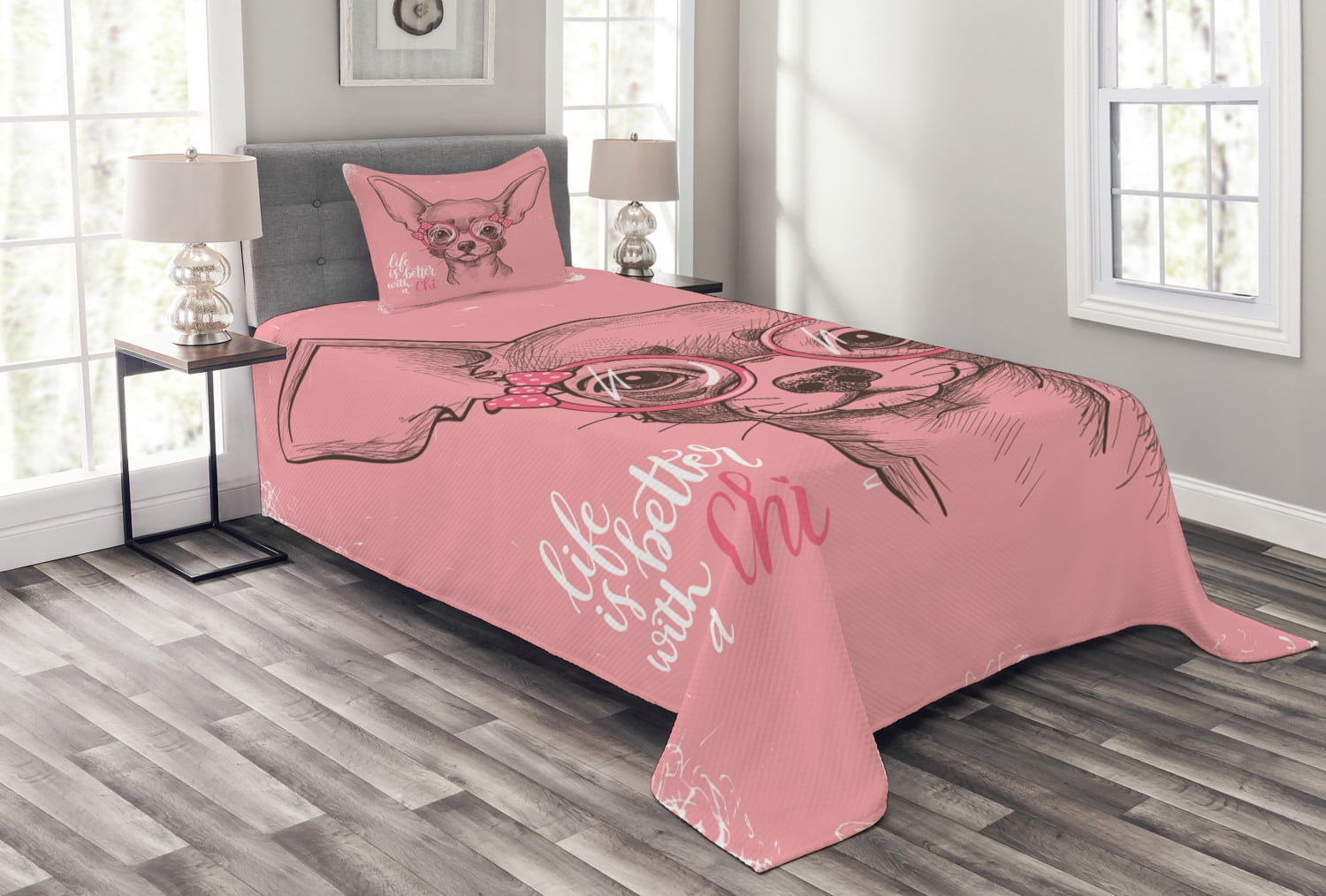 Pink Chihuahua Sketch Twin Reversible Bedspread Set
