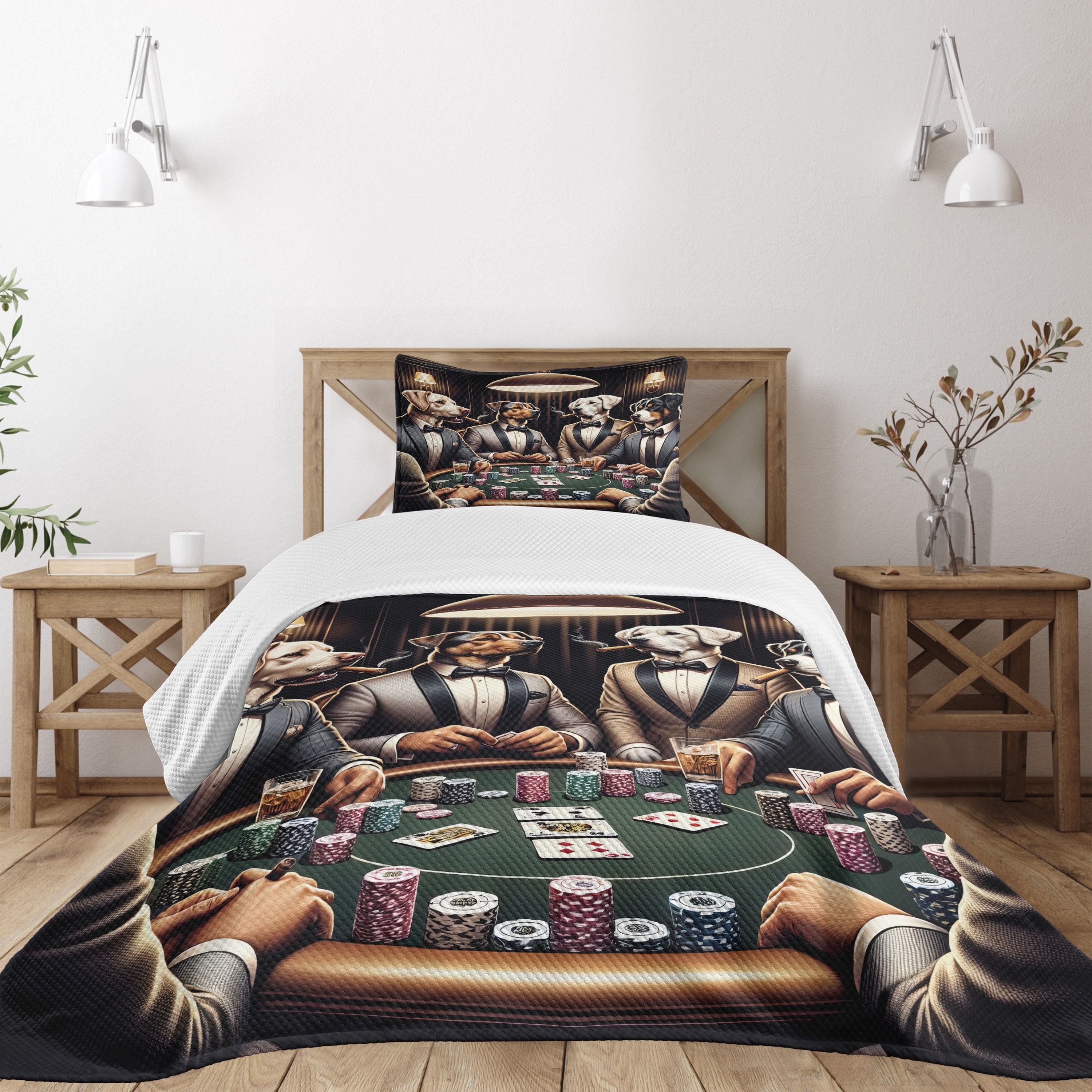 Twin Size Brown Dark Green Polyester Dog Poker Coverlet Set