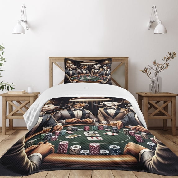 Ambesonne Dog Quilted Bedspread Set 2 Pcs, Funny Gentleman Animals Suits, Twin Size, Brown Dark Green Grey