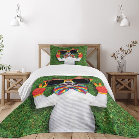 Ambesonne Dog Quilted Bedspread Set 2 Pcs, Gay Dog Peace Sign Pride, Twin Size, Multicolor