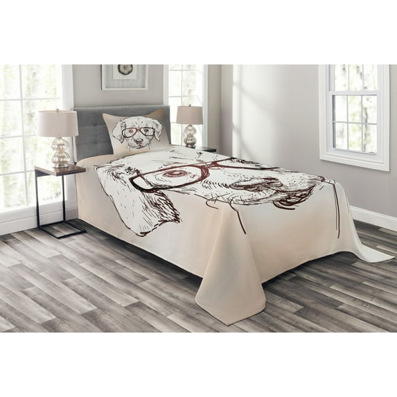 Ambesonne Dog Quilted Bedspread Set 2 Pcs, Hipster Puppy Glasses, Twin Size, White Tan Brown