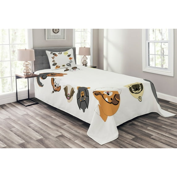 Ambesonne Dog Quilted Bedspread Set 2 Pcs, Various Cartoon Dog Design, Twin Size, Multicolor